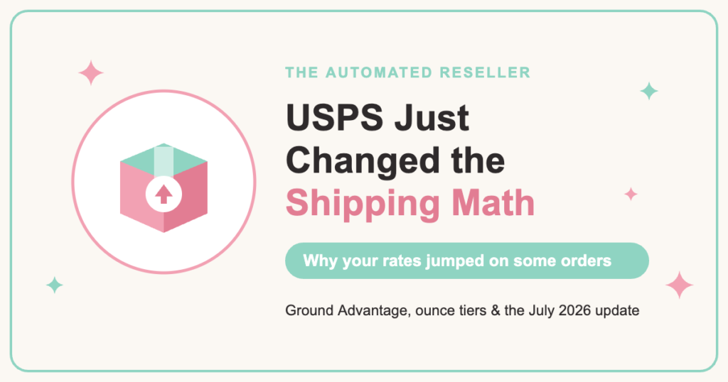 Shipping box with an up arrow and the words USPS Just Changed the Shipping Math, The Automated Reseller branding